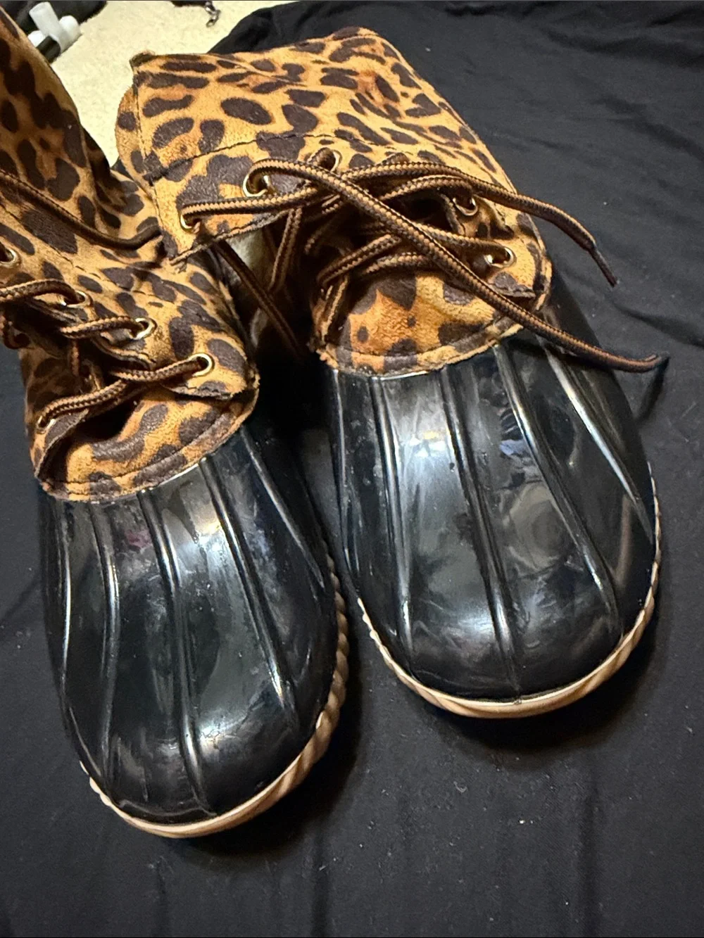 Impressions Leopard-Print Lace-Up duck/Rain Boots - Black/Tan